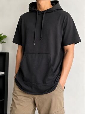 Forever 21 Men Black Short Sleeve Pullover Hoodie S